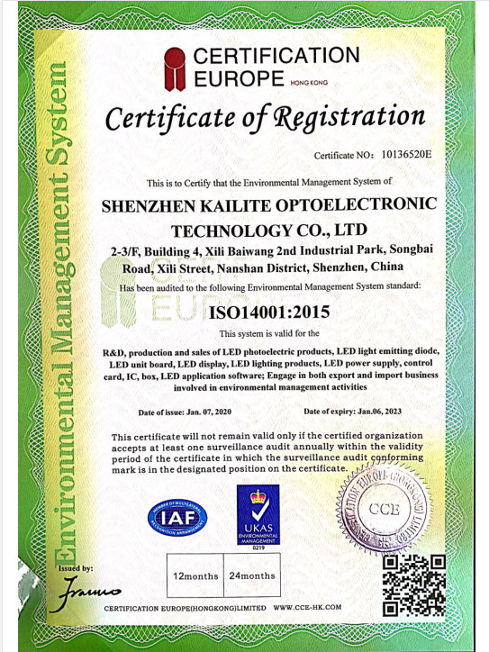 Porcellana SHENZHEN KAILITE OPTOELECTRONIC TECHNOLOGY CO., LTD Certificazioni